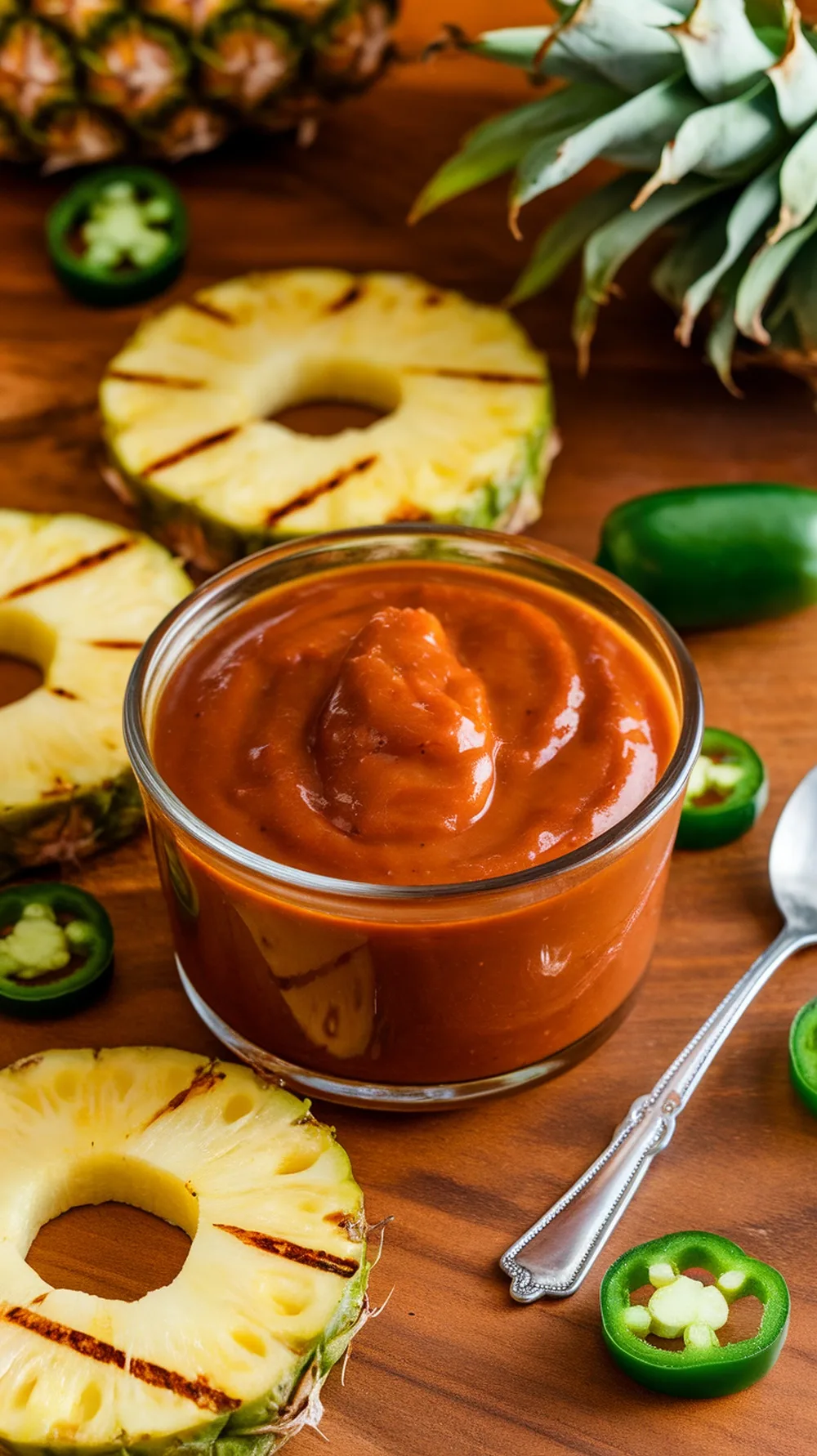 10 Incredible BBQ Sauces with 5 Ingredients or Less 5 A bowl of sweet and sour pineapple sauce with sliced pineapple and jalapeños around it.