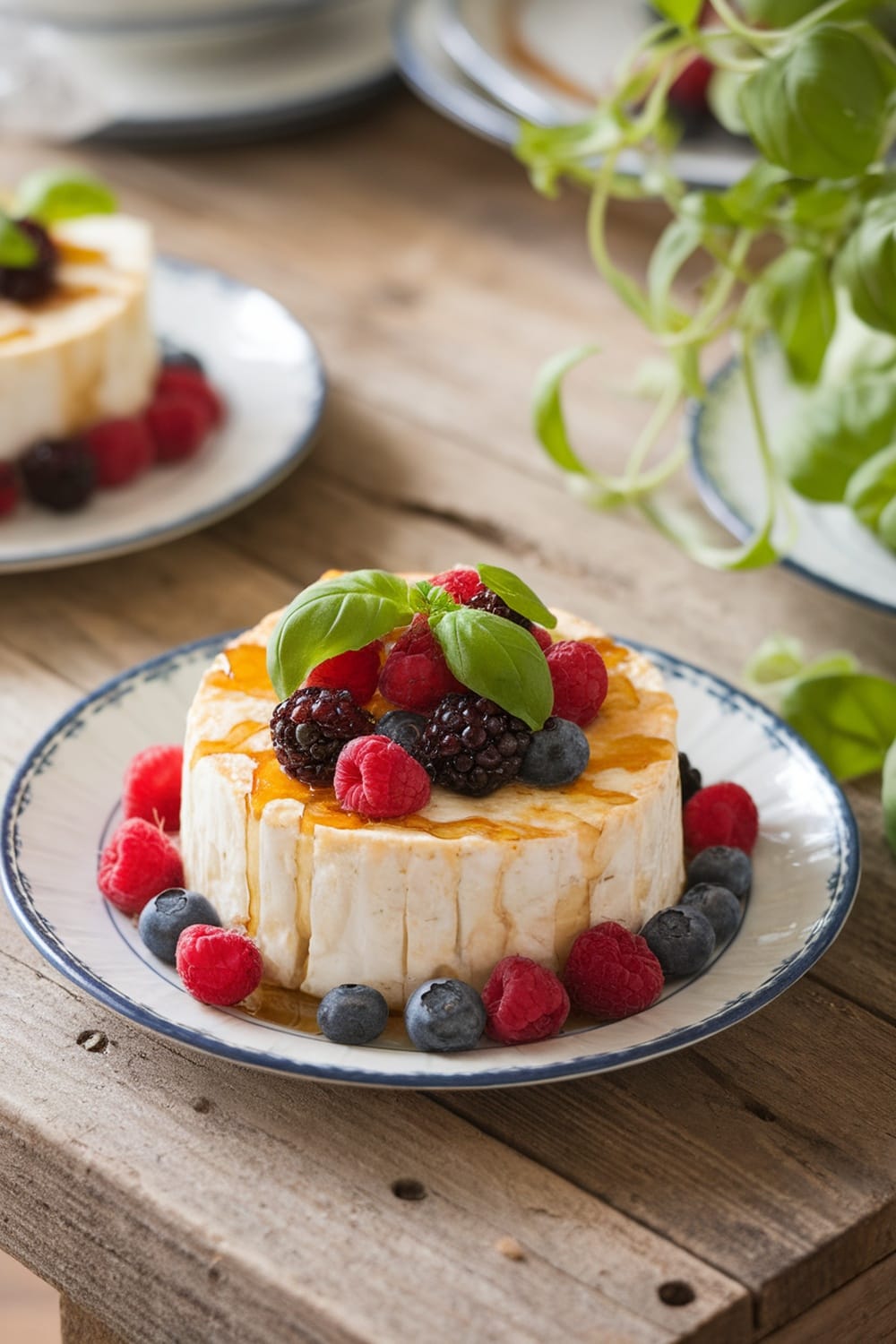 Sweet Baked Feta with Berries and Basil on a plate
