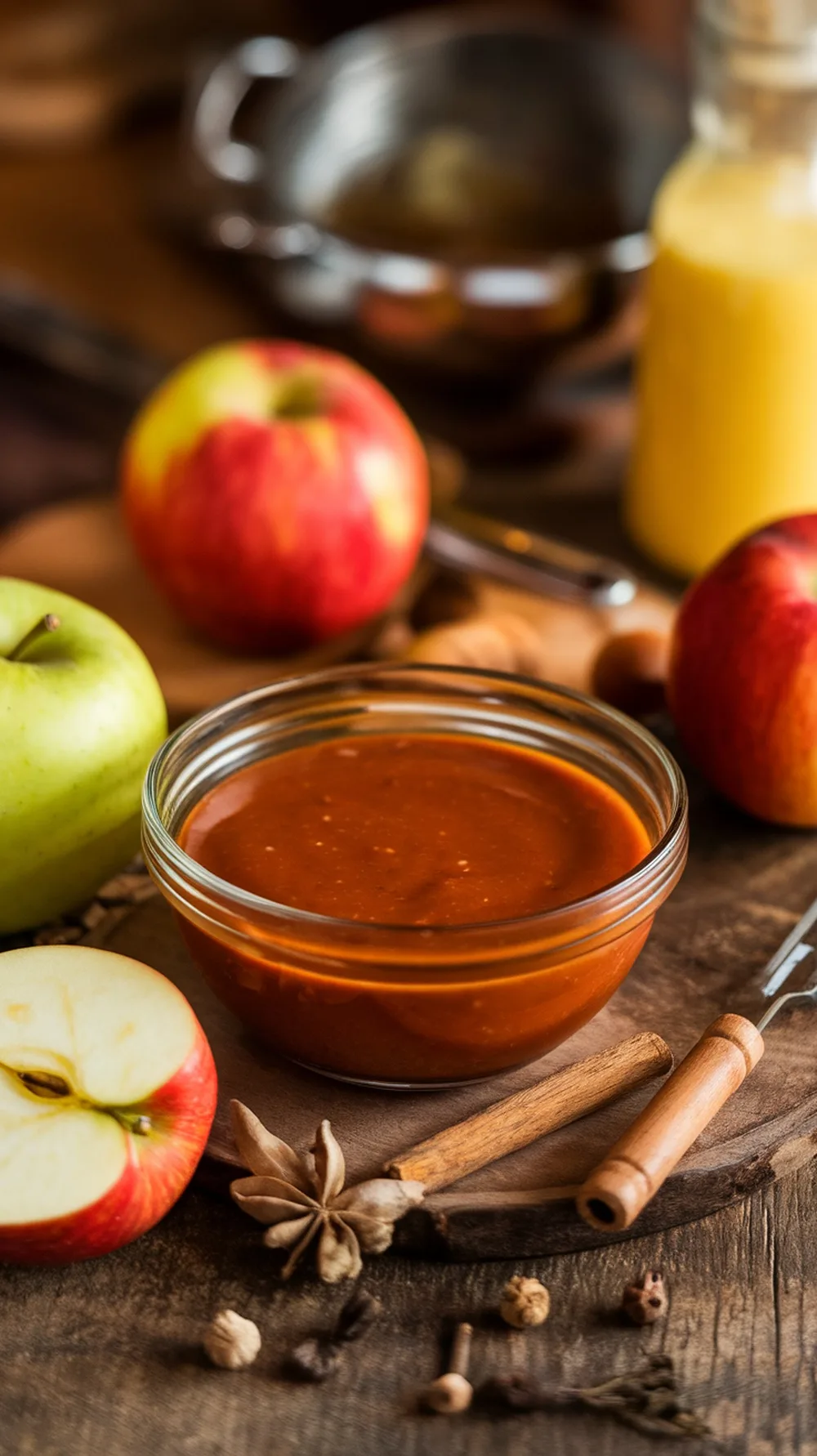 10 Incredible BBQ Sauces with 5 Ingredients or Less 9 A bowl of tangy apple cider vinegar sauce surrounded by apples and spices.