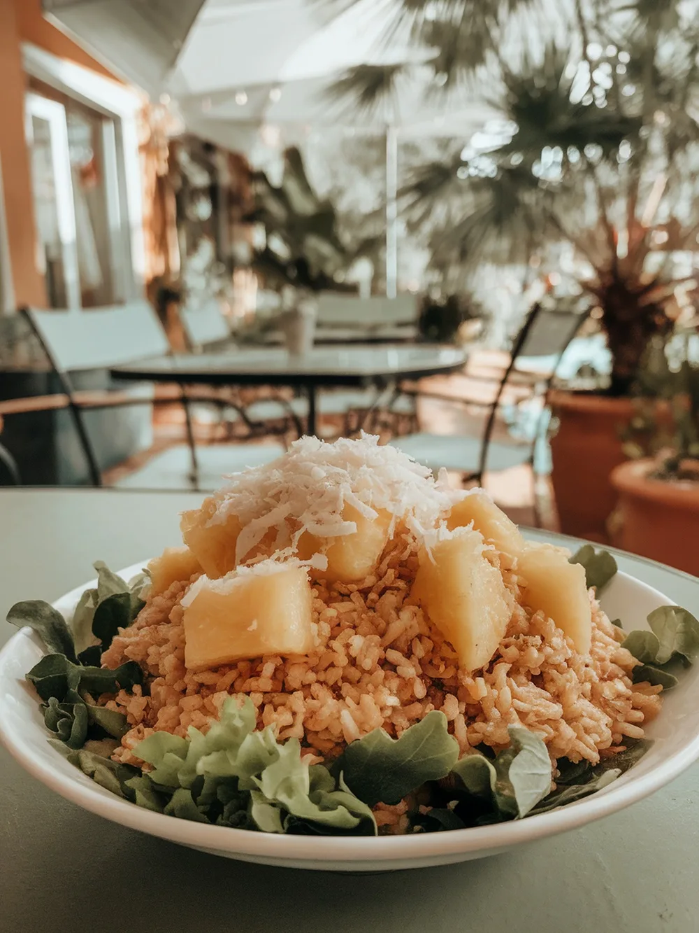A vibrant tropical rice salad with pineapple and coconut served on a bed of greens.