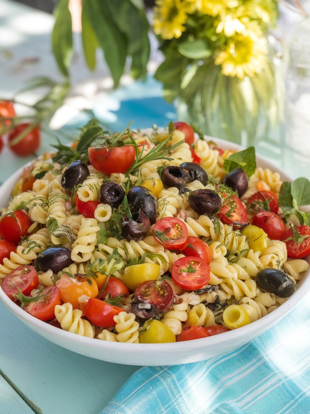 A colorful bowl of vegan pasta salad with olives and cherry tomatoes, garnished with fresh herbs.