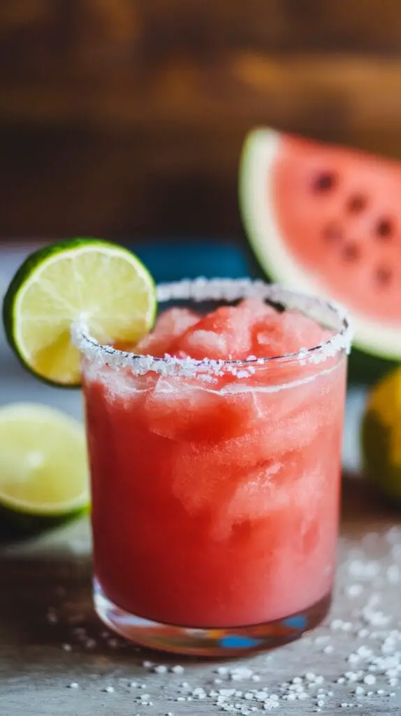 18 Epic Summer Cocktail Recipes to Keep You Cool All Season 4 A refreshing Watermelon Margarita Slush in a glass with a salted rim and watermelon garnish.