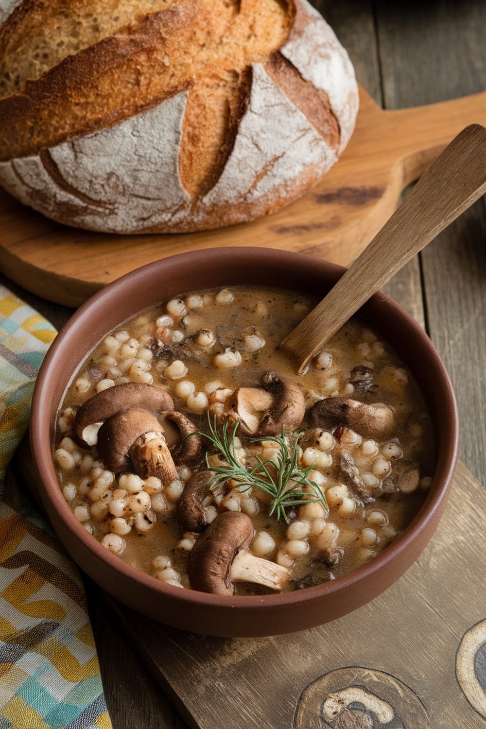 15 Delicious Food Ideas for a Viking-Themed Party 8 A bowl of wild mushroom and barley soup with a wooden spoon, served beside a loaf of bread.