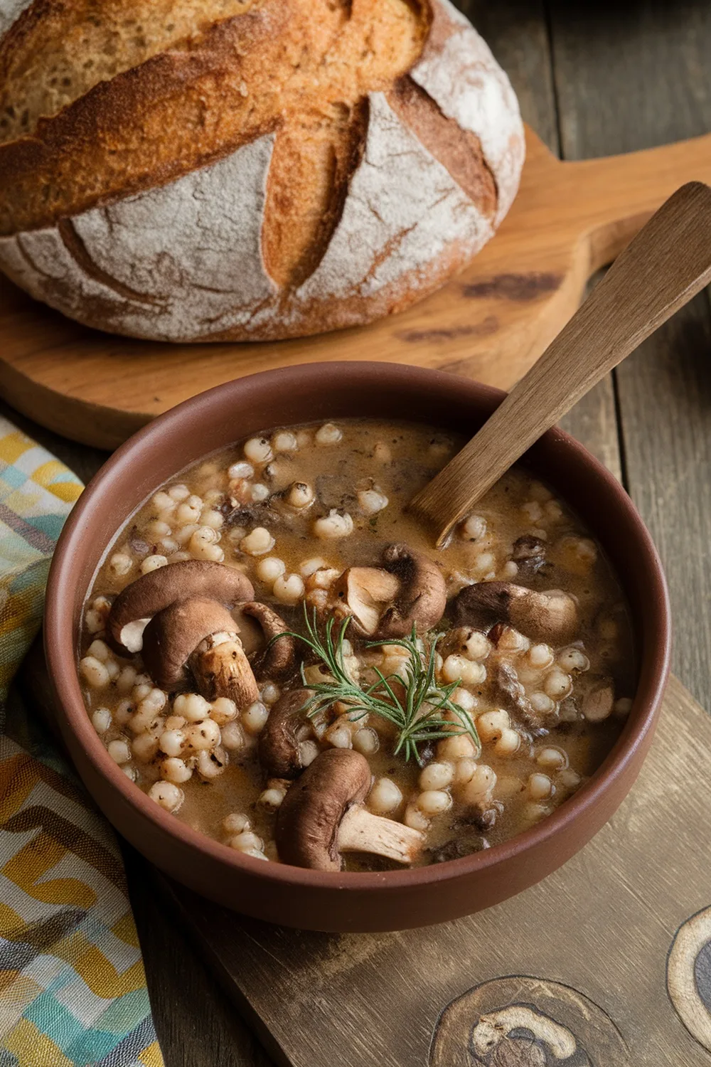 15 Delicious Food Ideas for a Viking-Themed Party 8 A bowl of wild mushroom and barley soup with a wooden spoon, served beside a loaf of bread.