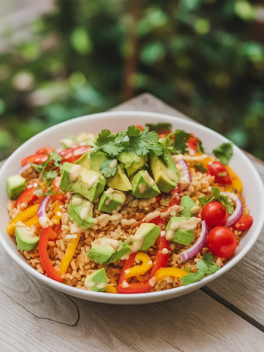 A colorful bowl of zesty lime and avocado rice salad with fresh vegetables.