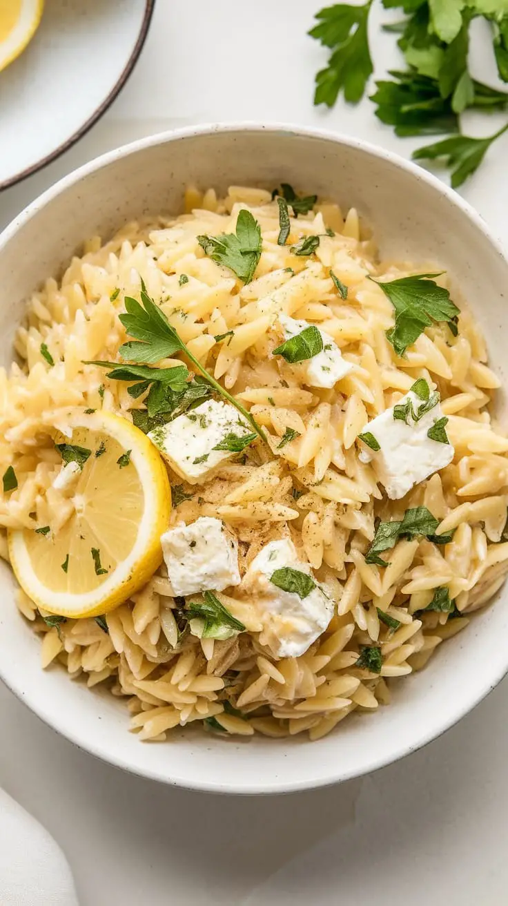11 Delicious Healthy Bowls, Salads & One-Pot Meals for a Wholesome Diet 11 A bowl of Green Goddess Orzo with lemon, feta, and fresh herbs.