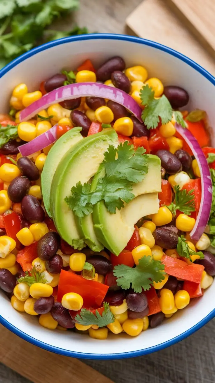 11 Delicious Healthy Bowls, Salads & One-Pot Meals for a Wholesome Diet 2 A vibrant bowl of Zesty Cowboy Caviar filled with colorful beans and vegetables.