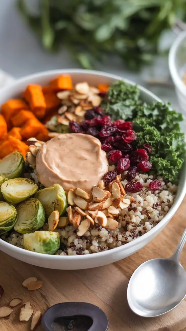 11 Delicious Healthy Bowls, Salads & One-Pot Meals for a Wholesome Diet 3 A colorful Buddha bowl with grains, vegetables, and a dressing on a white background.