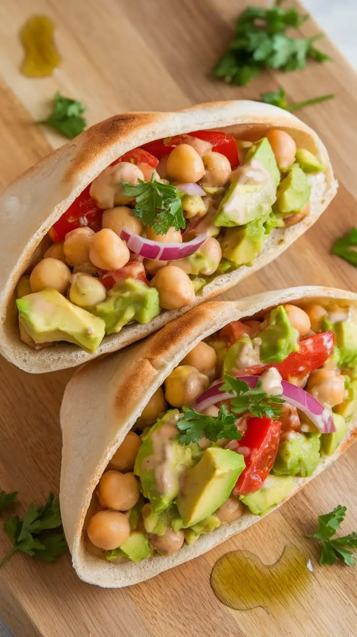 11 Delicious Healthy Bowls, Salads & One-Pot Meals for a Wholesome Diet 4 A colorful avocado and chickpea salad stuffed in pita bread, surrounded by fresh vegetables.