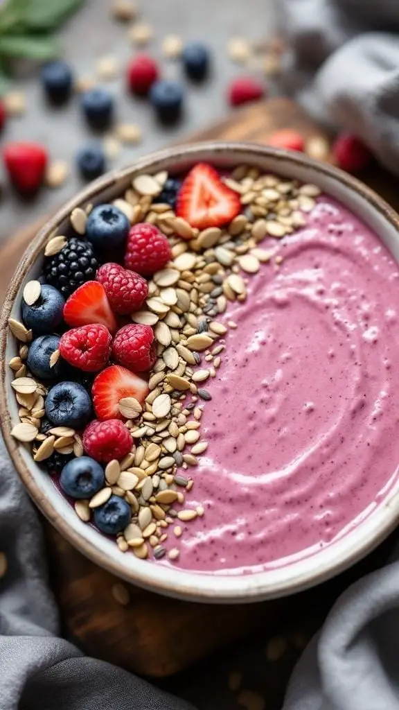 11 Delicious Healthy Bowls, Salads & One-Pot Meals for a Wholesome Diet 5 A colorful Goddess Glow Smoothie Bowl topped with fresh berries and seeds.