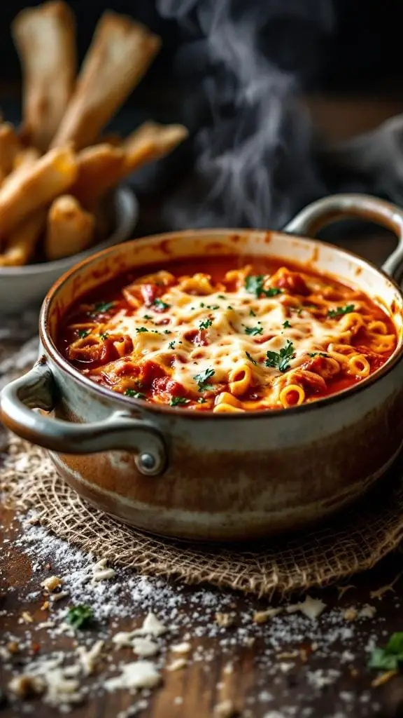 11 Delicious Healthy Bowls, Salads & One-Pot Meals for a Wholesome Diet 6 A bowl of lasagna soup topped with cheese and herbs, with breadsticks in the background.