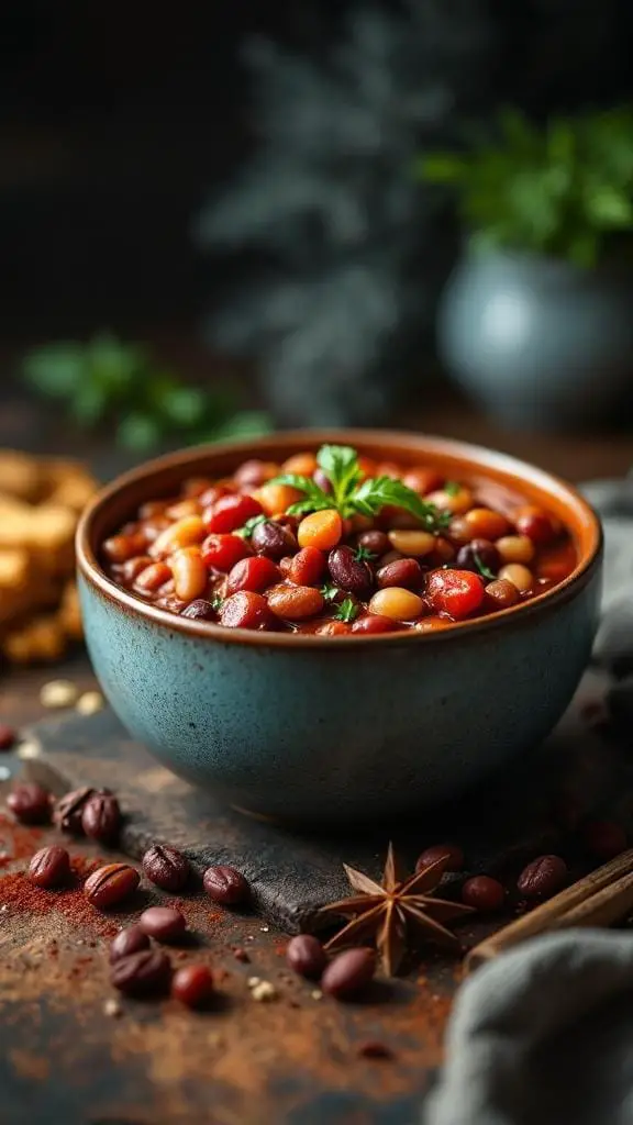 11 Delicious Healthy Bowls, Salads & One-Pot Meals for a Wholesome Diet 7 A bowl of hearty chili filled with beans and spices, garnished with fresh herbs.
