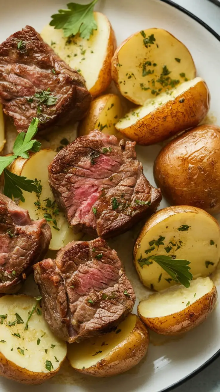 11 Delicious Healthy Bowls, Salads & One-Pot Meals for a Wholesome Diet 8 A plate of steak bites and potatoes garnished with herbs in garlic butter sauce.