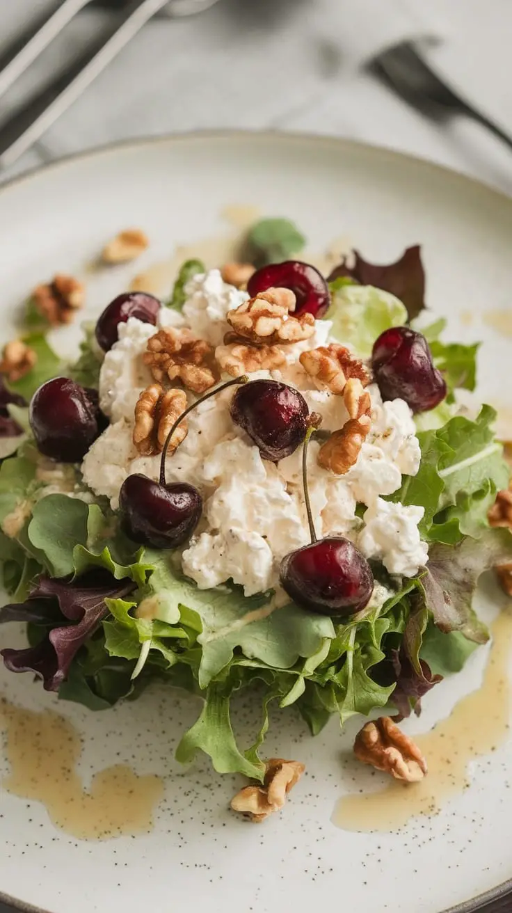 11 Delicious Healthy Bowls, Salads & One-Pot Meals for a Wholesome Diet 10 A vibrant salad featuring cottage cheese, cherries, walnuts, and greens.