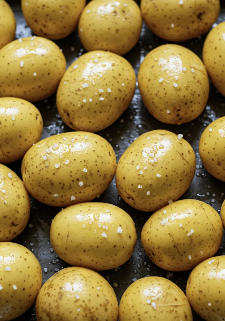 Oiled and salted potatoes on a tray ready to be cooked 