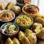 A jacket potato sharing board with bowls of different fillings