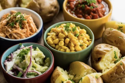Easy Baked Potato Board for Entertaining 6 A jacket potato sharing board with bowls of different fillings