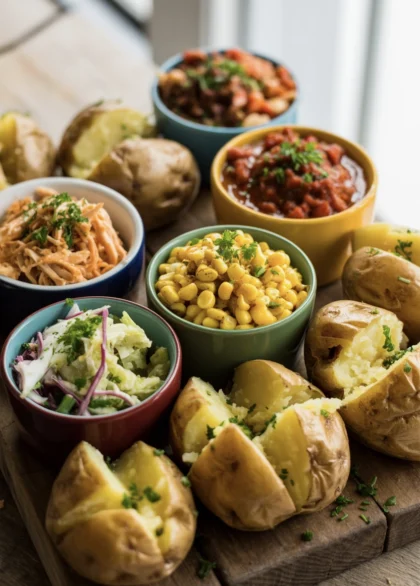 A jacket potato sharing board with bowls of different fillings