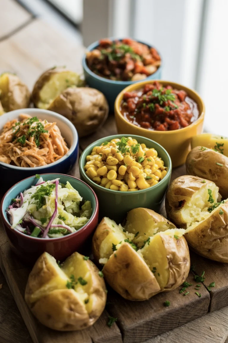 A jacket potato sharing board with bowls of different fillings