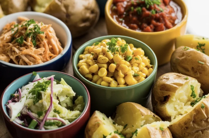 A jacket potato sharing board with bowls of different fillings