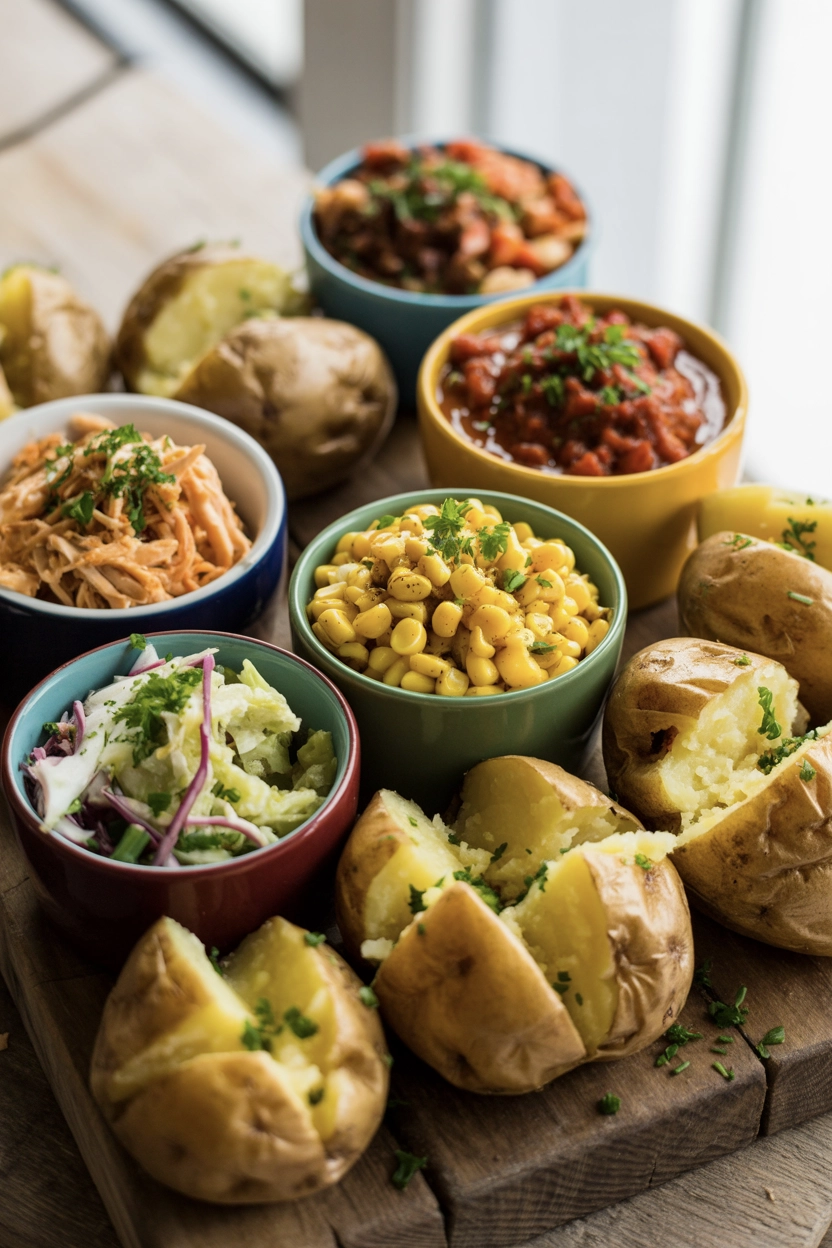 A jacket potato sharing board with bowls of different fillings