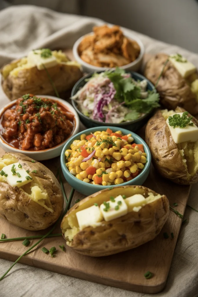baked potato board with toppings for entertaining