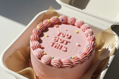 Microwave Bento Cake (No Cake Tin Needed!) 1 pink bento cake in a take away box