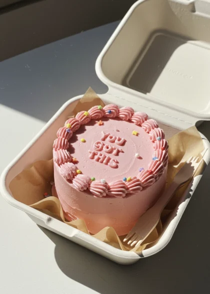 pink bento cake in a take away box