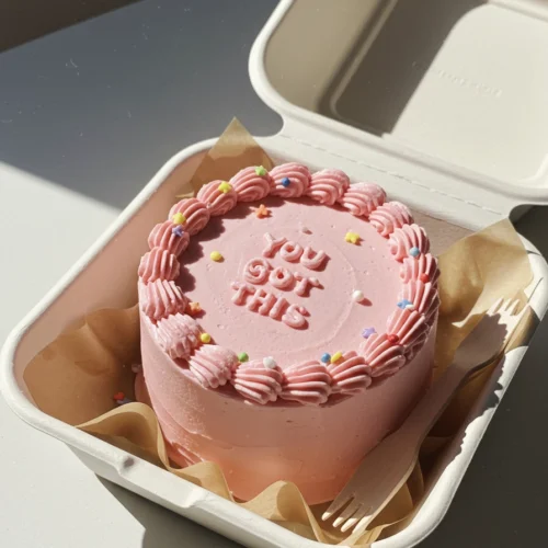 pink bento cake in a take away box