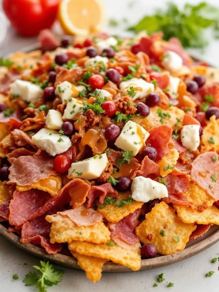 10 Show-Stopping Bites for Your Next Party 2 A colorful platter of charcuterie nachos with various cheeses, meats, and toppings.