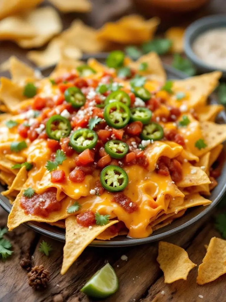 12 Quick and Easy Dinners for Your Next Camping Trip 13 A plate of campfire nachos topped with melted cheese, jalapeños, and salsa, set near a lantern.
