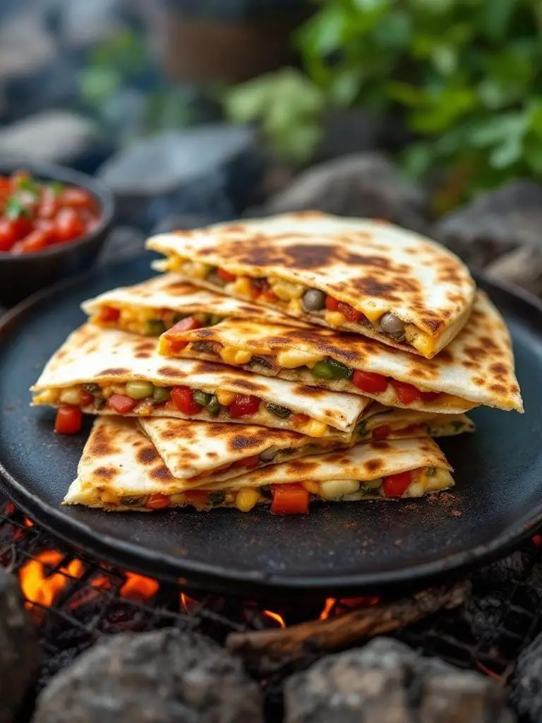 12 Quick and Easy Dinners for Your Next Camping Trip 5 Campfire quesadillas stacked on a plate with salsa on the side, set against a campfire backdrop.