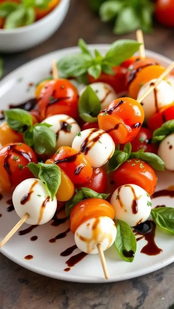 Colorful Caprese salad skewers with mozzarella, tomatoes, and basil drizzled with balsamic glaze.