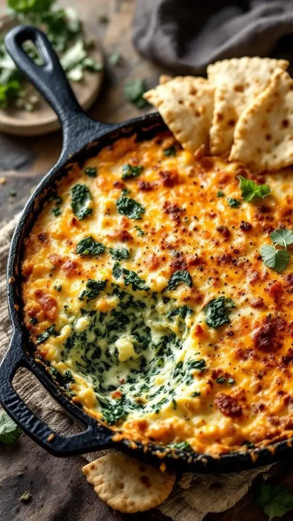 A delicious cheesy spinach and artichoke dip served with pita chips.