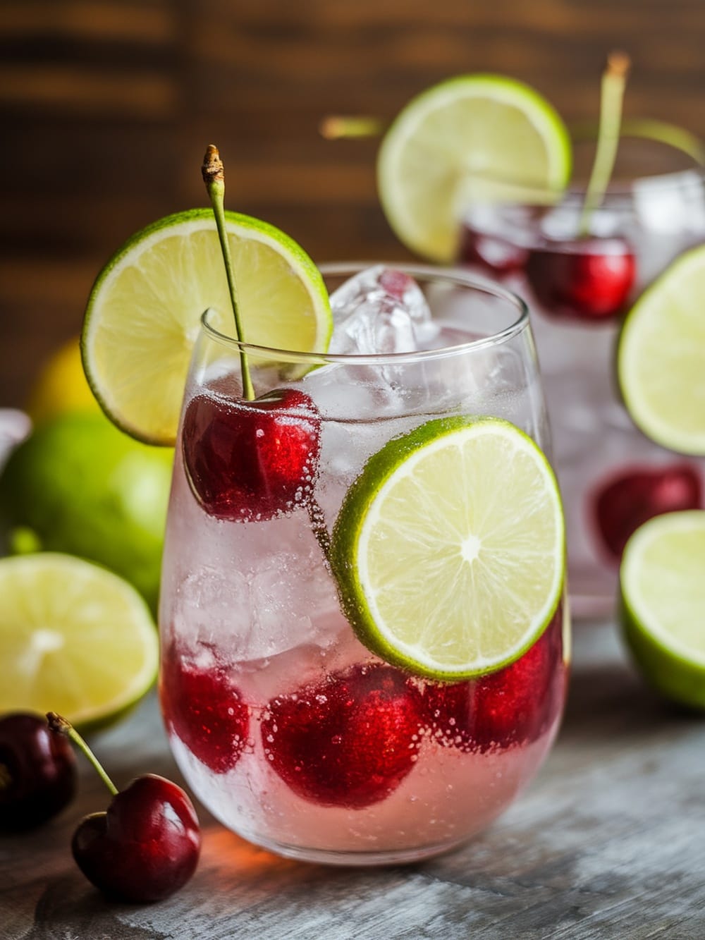 A refreshing Cherry Limeade Spritzer with cherries and lime slices garnishing the glass.