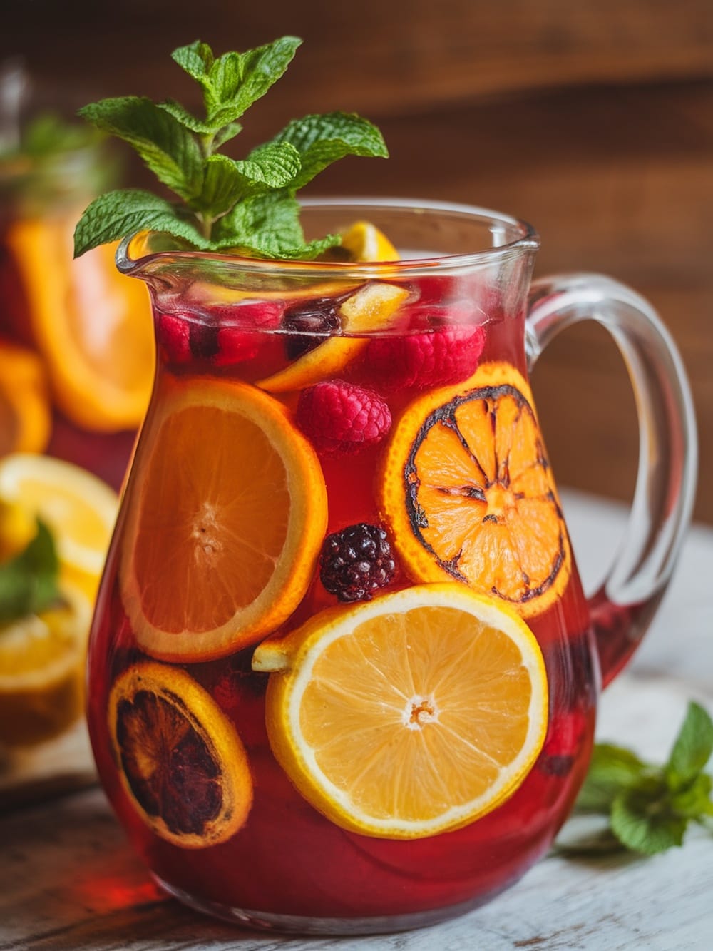 A pitcher of Citrus Sangria with slices of orange, lemon, and grilled fruits garnished with mint.