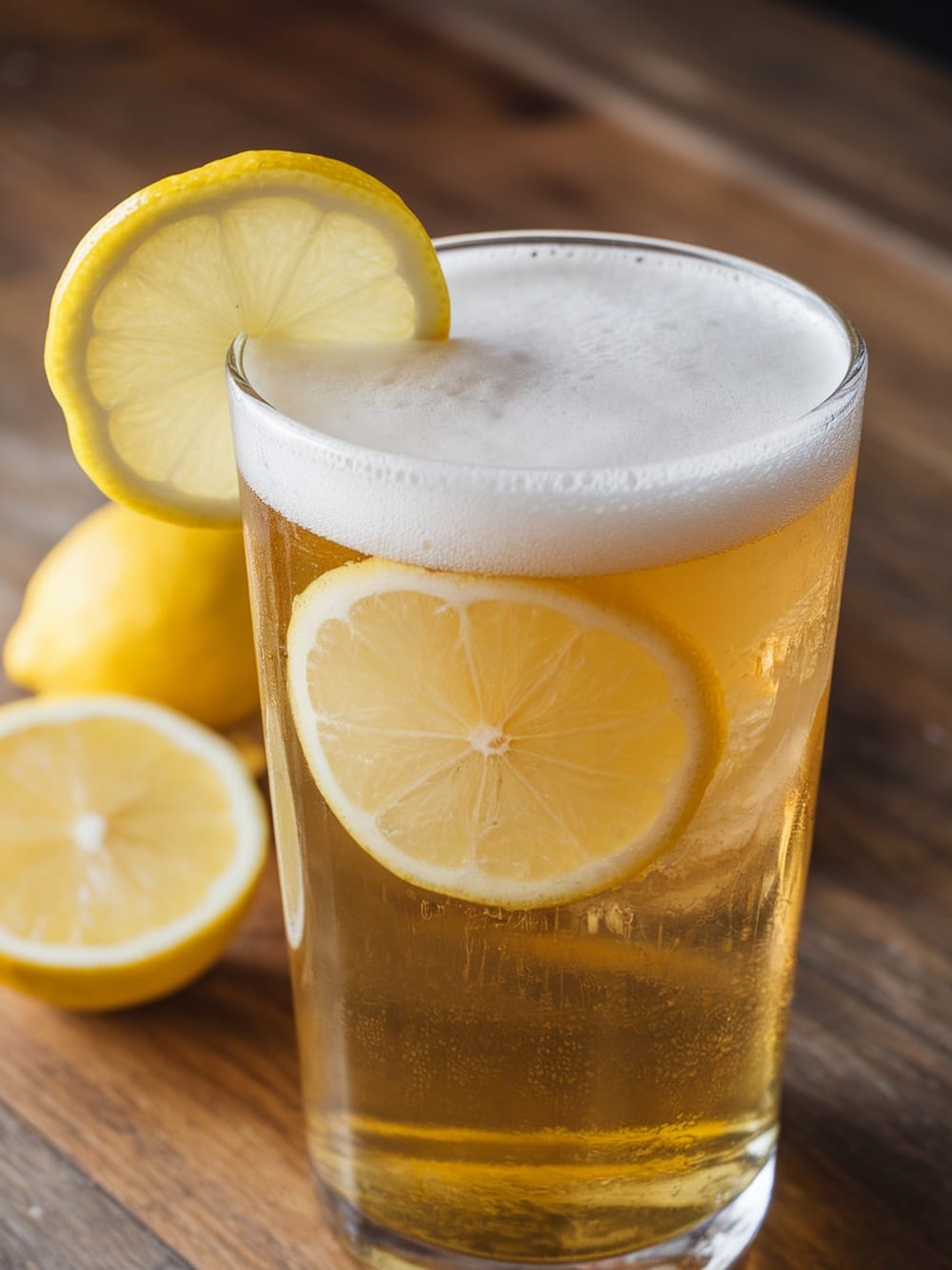 A refreshing glass of Classic BBQ Lemonade Shandy with lemon slices