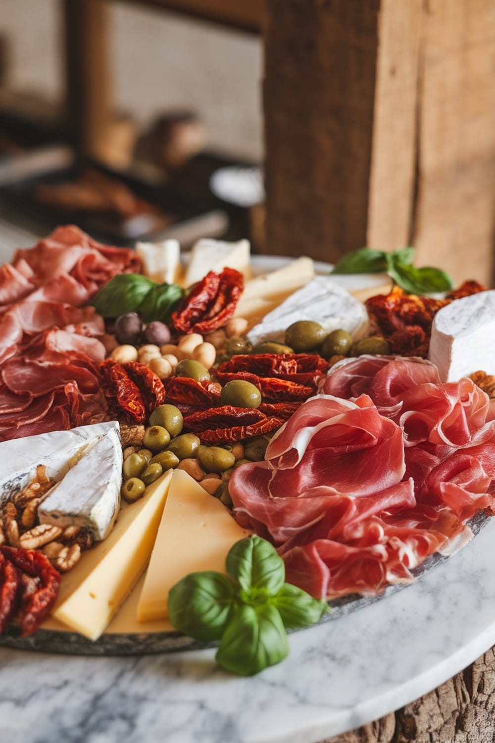 10 Stunning Charcuterie Platter Ideas for Your Next Backyard Party 6 A beautifully arranged Italian charcuterie platter featuring prosciutto, salami, cheeses, sun-dried tomatoes, olives, and fresh basil.