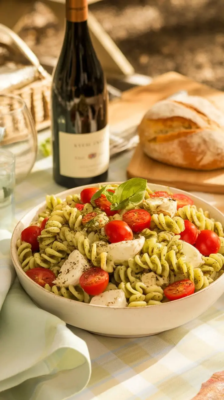 A bowl of Classic Pesto Pasta Salad with cherry tomatoes and mozzarella.