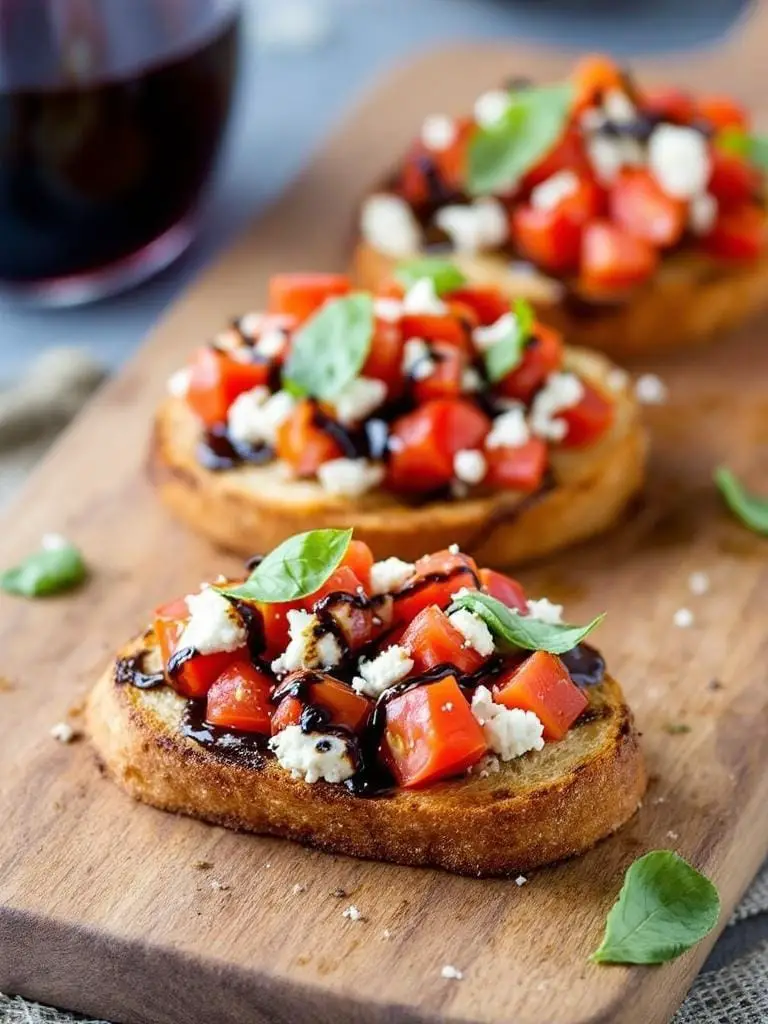 10 Must-Try Tomato and Goat Cheese Appetizers 8 Delicious tomato and goat cheese bruschetta on a wooden platter.