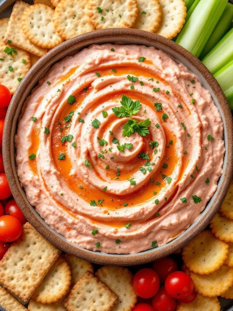 10 Must-Try Tomato and Goat Cheese Appetizers 7 A creamy tomato and goat cheese dip surrounded by fresh vegetables and crackers.