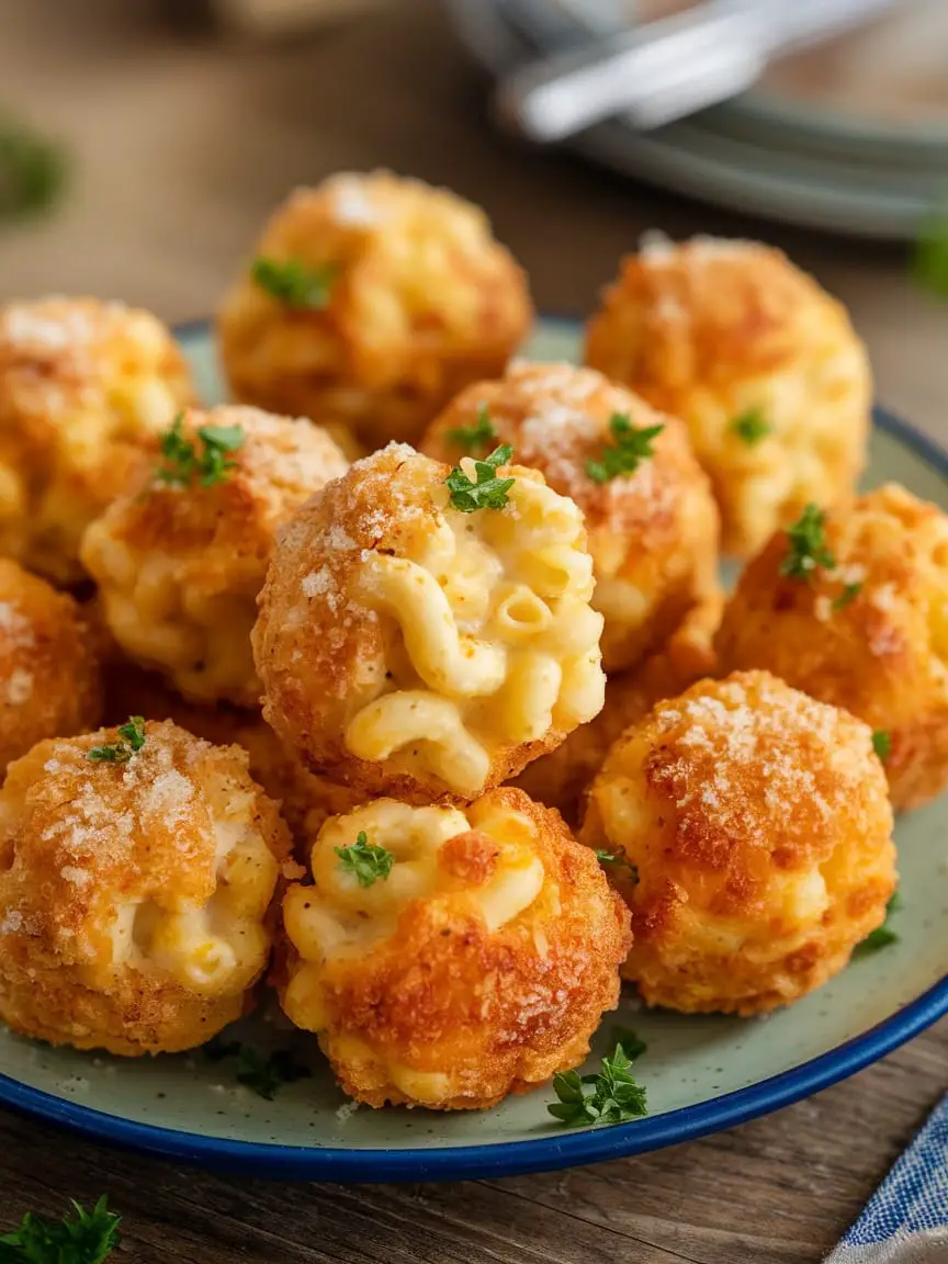 10 Show-Stopping Bites for Your Next Party 11 A plate of crispy parmesan-crusted mac and cheese bites stacked high, with a bowl of macaroni and cheese in the background.