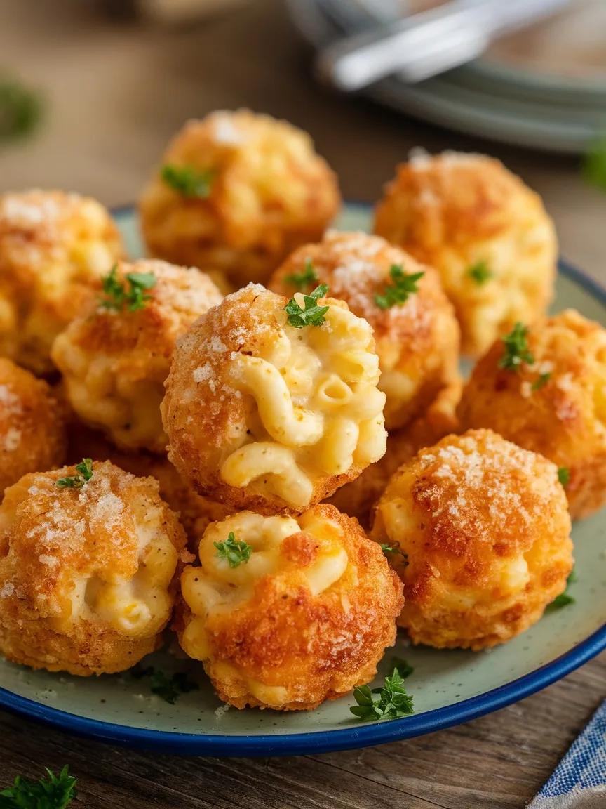 10 Show-Stopping Bites for Your Next Party 11 A plate of crispy parmesan-crusted mac and cheese bites stacked high, with a bowl of macaroni and cheese in the background.