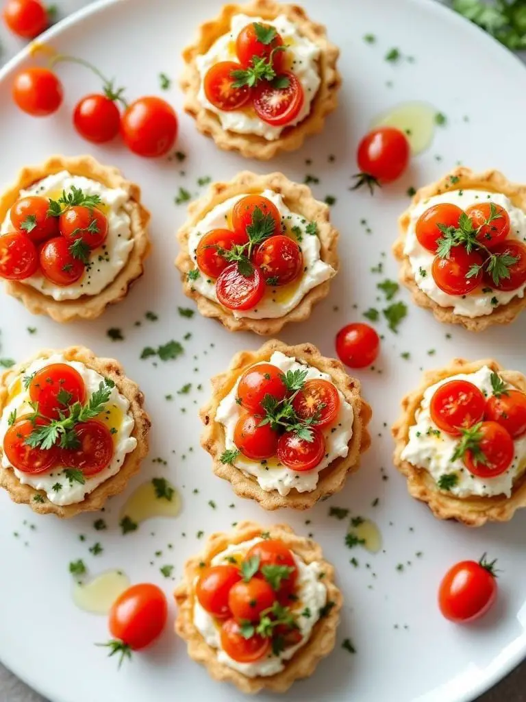 10 Must-Try Tomato and Goat Cheese Appetizers 3 Tomato and goat cheese tartlets arranged on a plate with cherry tomatoes and herbs.