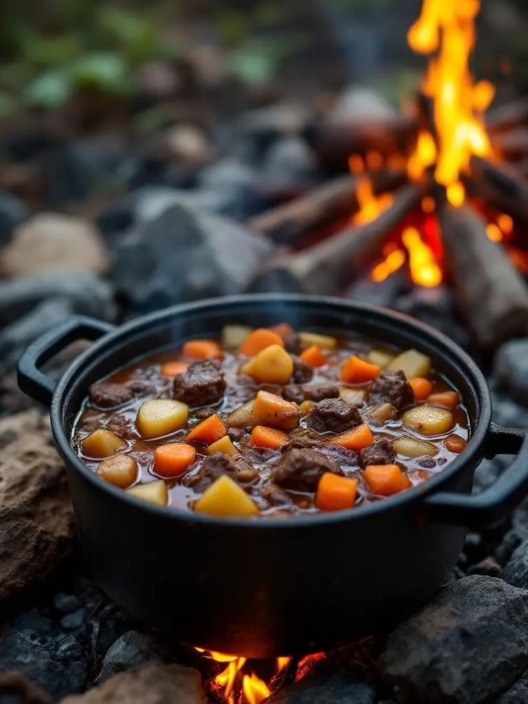 12 Quick and Easy Dinners for Your Next Camping Trip 9 Dutch oven beef stew cooking over a campfire