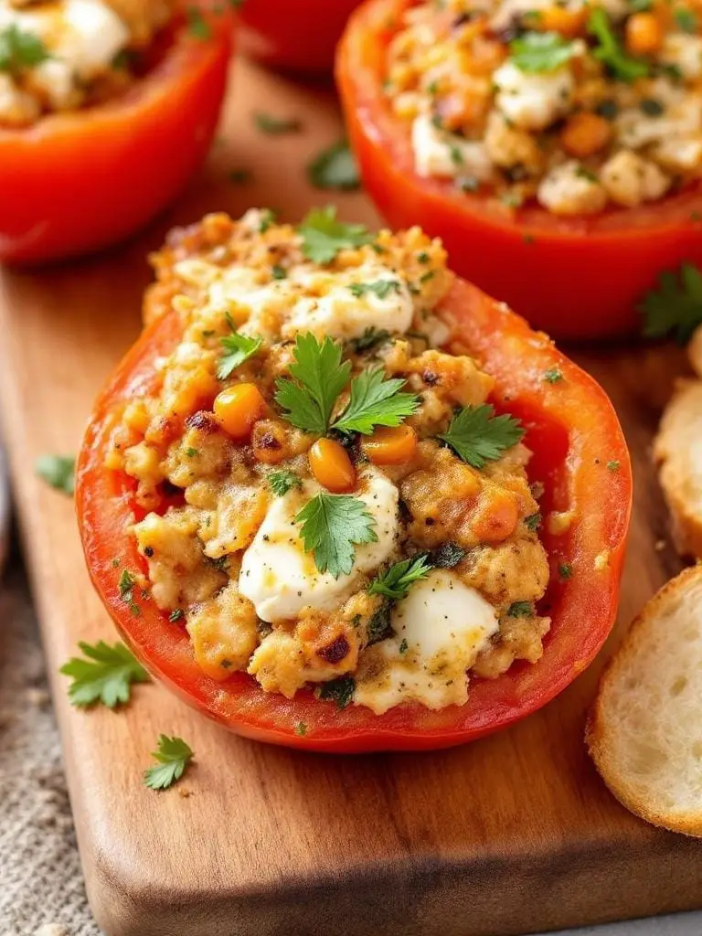 10 Must-Try Tomato and Goat Cheese Appetizers 5 Stuffed tomatoes with goat cheese and herbs on a wooden platter