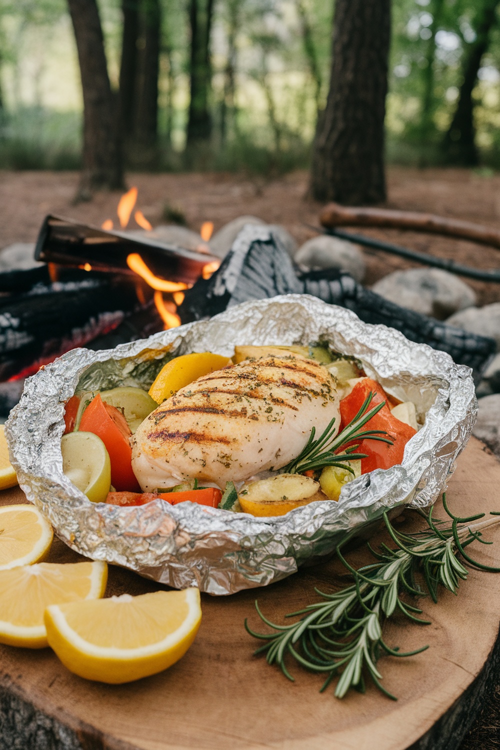 12 Quick and Easy Dinners for Your Next Camping Trip 2 Foil packet with lemon herb chicken and vegetables cooking over a campfire