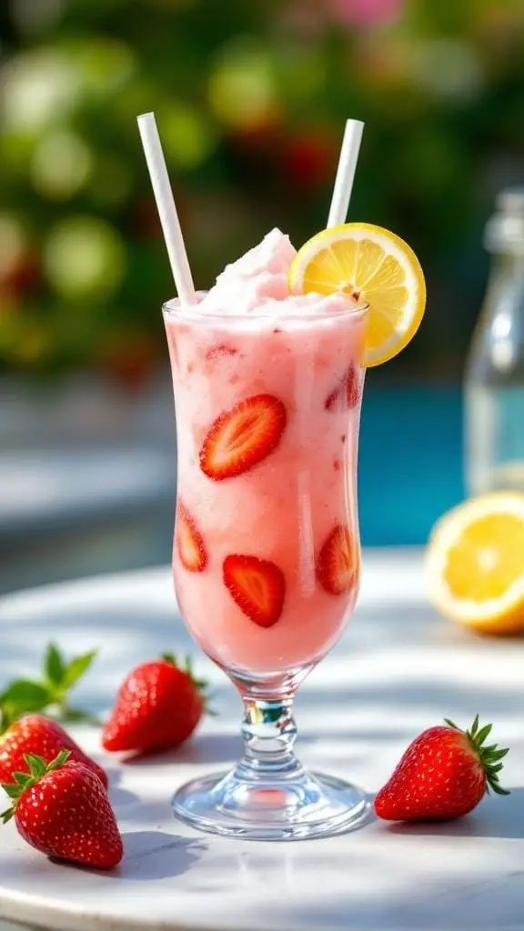 A refreshing Frozen Strawberry Lemonade Slush in a glass with lemon slices and strawberries around it.