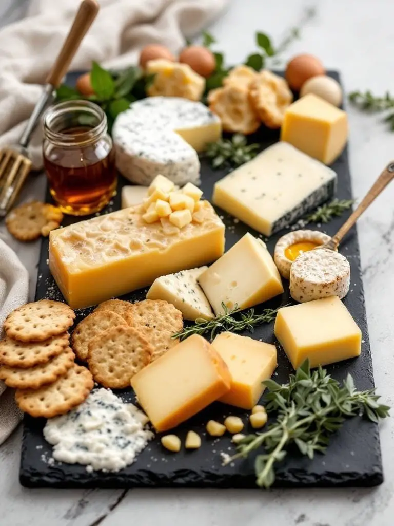 10 Stunning Charcuterie Platter Ideas for Your Next Backyard Party 4 A gourmet cheese platter featuring various cheeses, crackers, grapes, and honey.