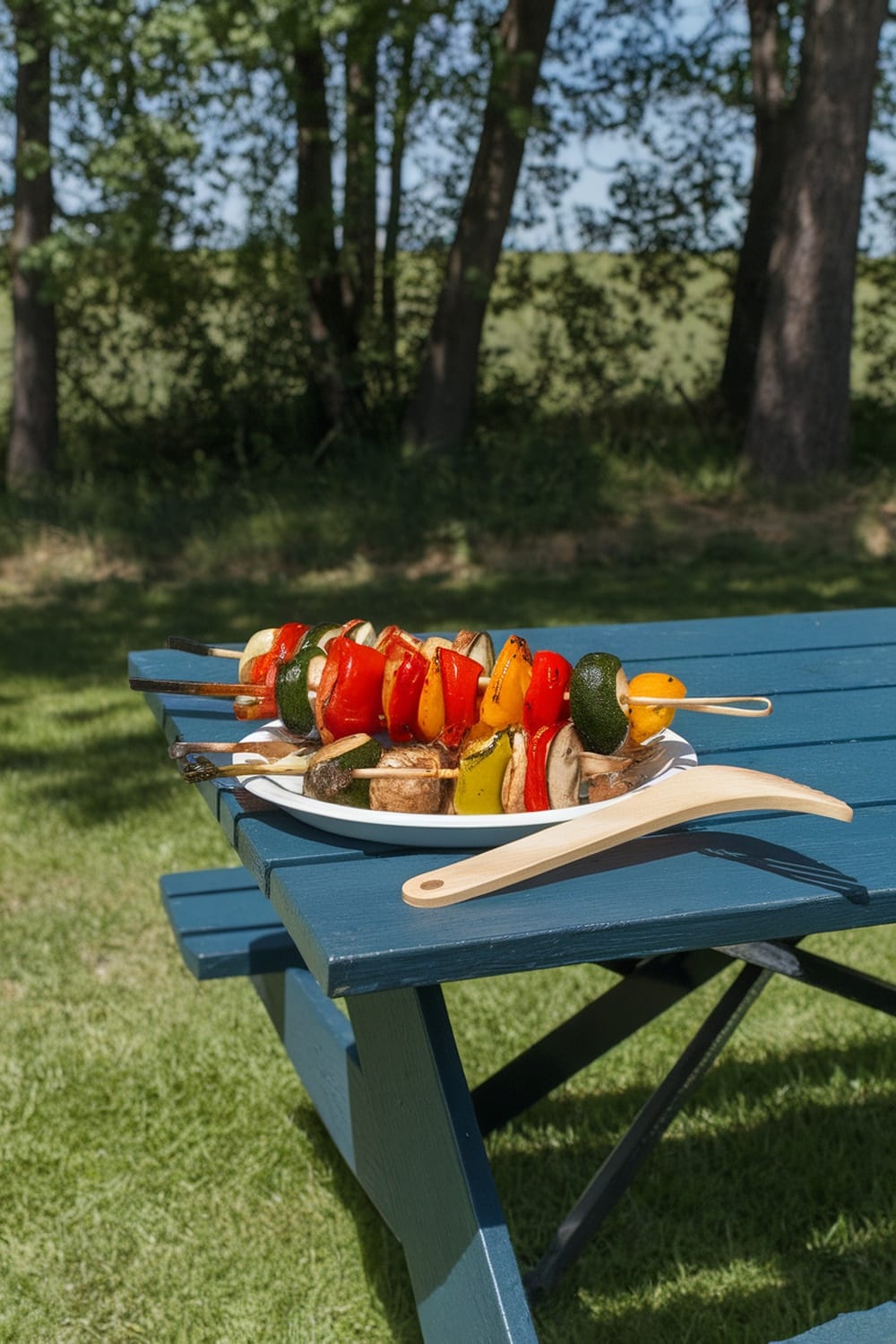 12 Quick and Easy Dinners for Your Next Camping Trip 8 Grilled BBQ Veggie Skewers on a plate, ready for camping